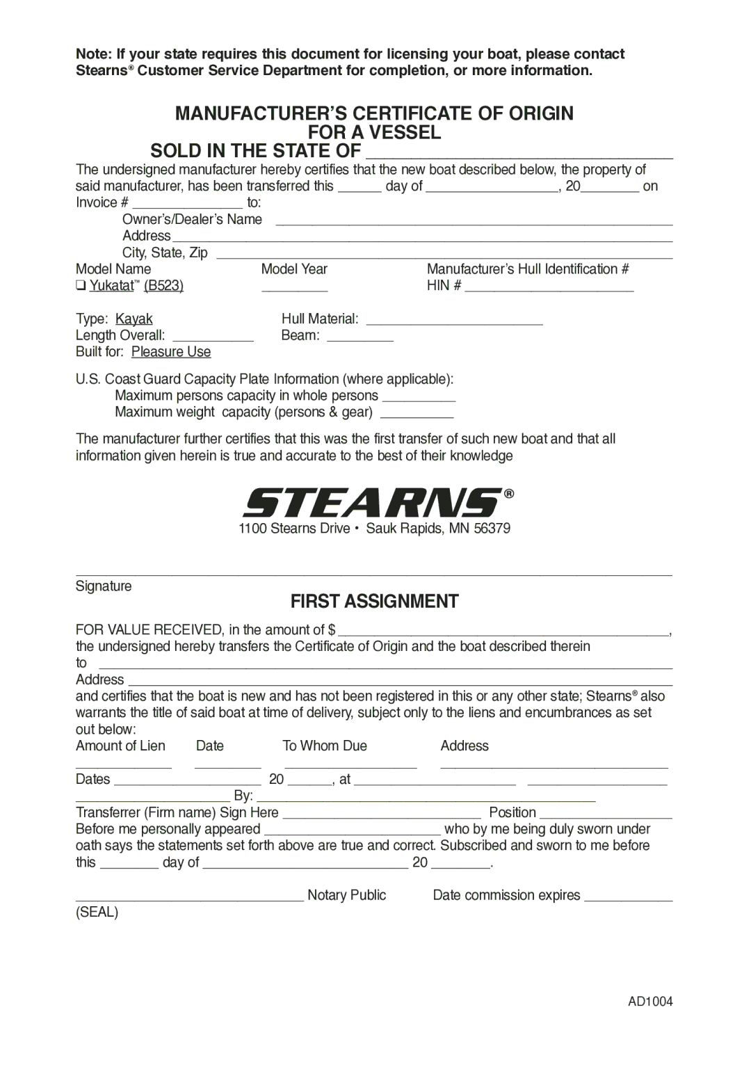 Stearns B523 manual MANUFACTURER’S Certificate of Origin For a Vessel, First Assignment 