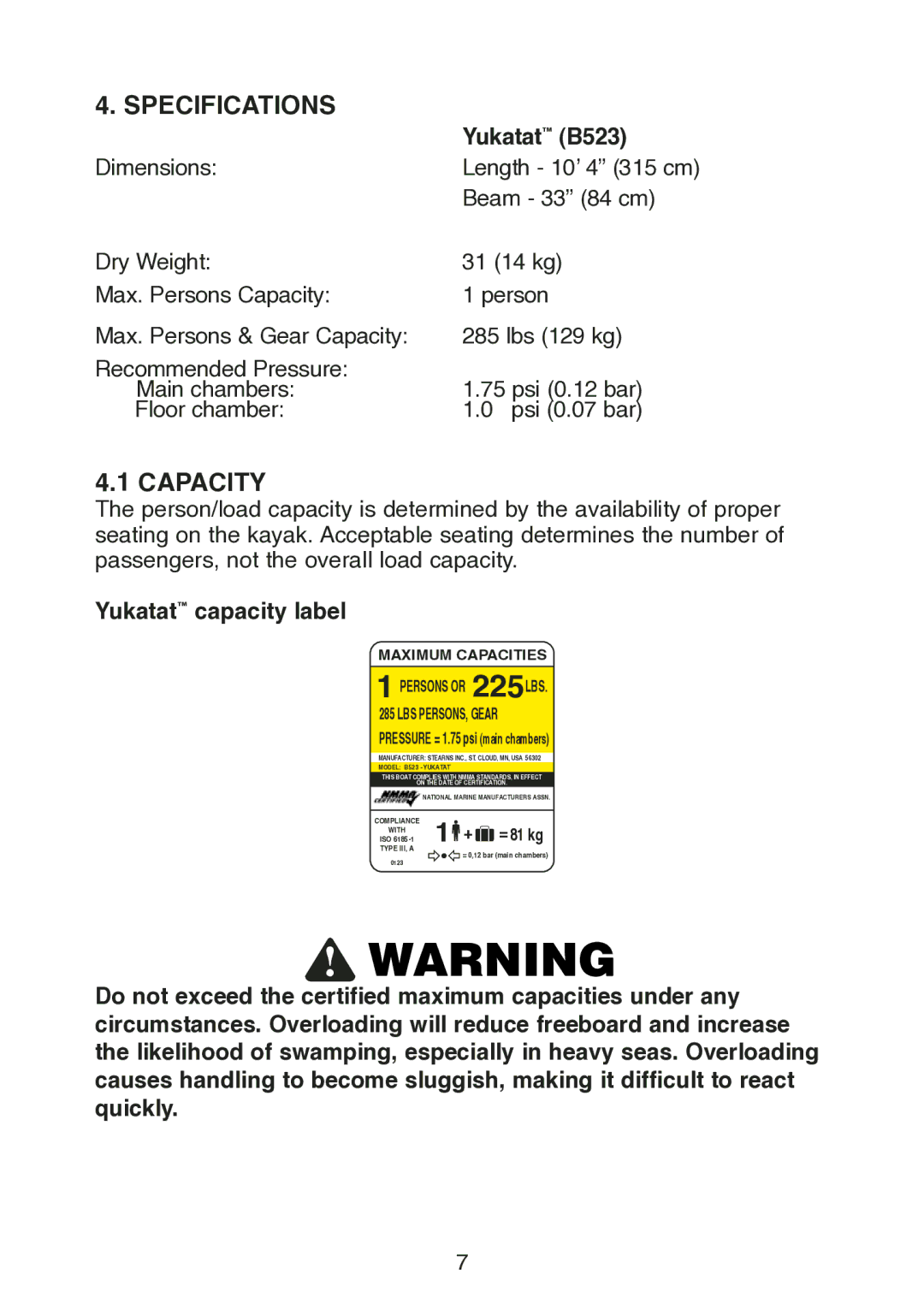 Stearns manual Specifications, Capacity, Yukatat B523, Yukatat capacity label 