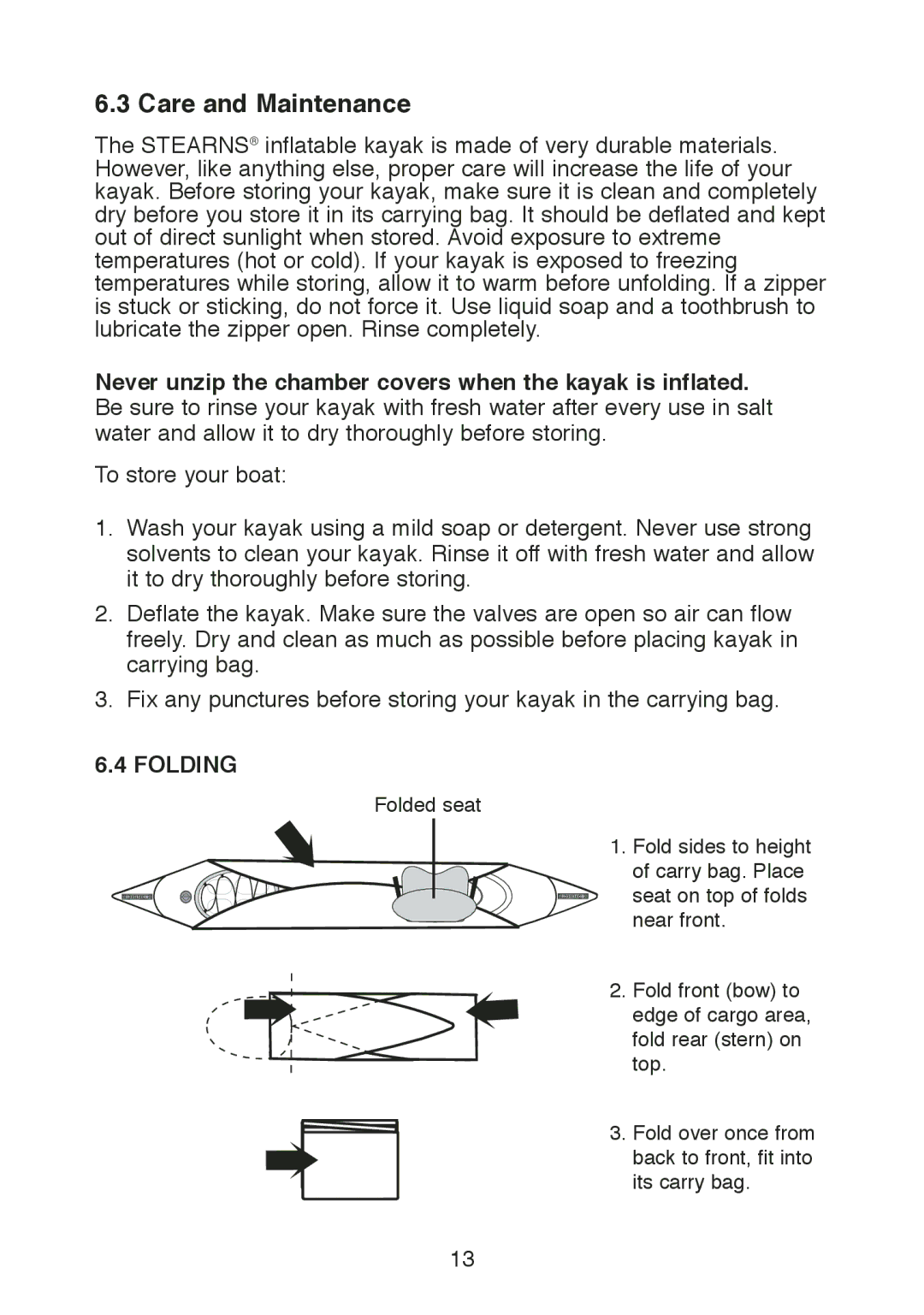 Stearns B524 manual Care and Maintenance, Folding 