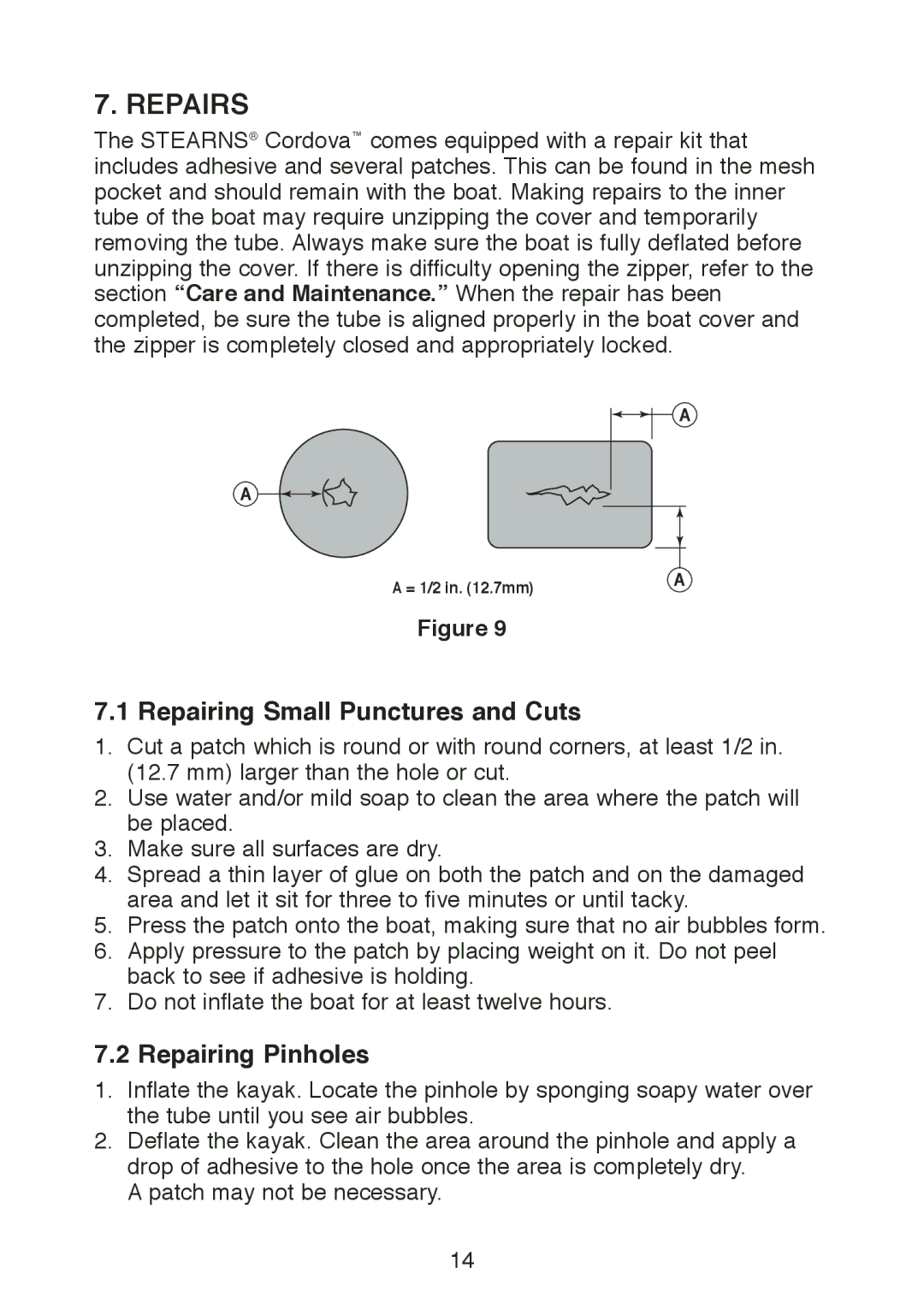 Stearns B524 manual Repairs, Repairing Small Punctures and Cuts, Repairing Pinholes 