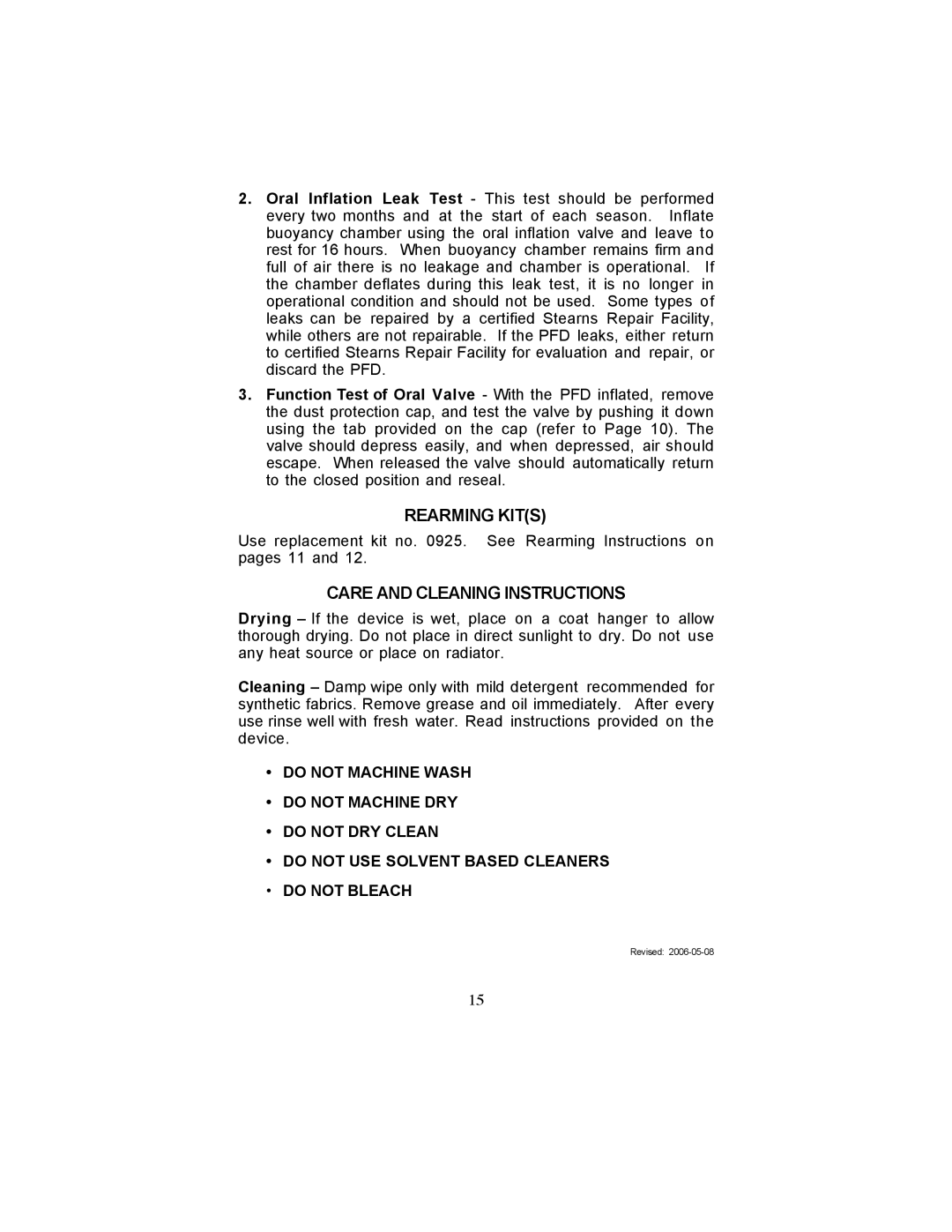 Stearns Recreational 0340 manual Rearming Kits, Care and Cleaning Instructions 