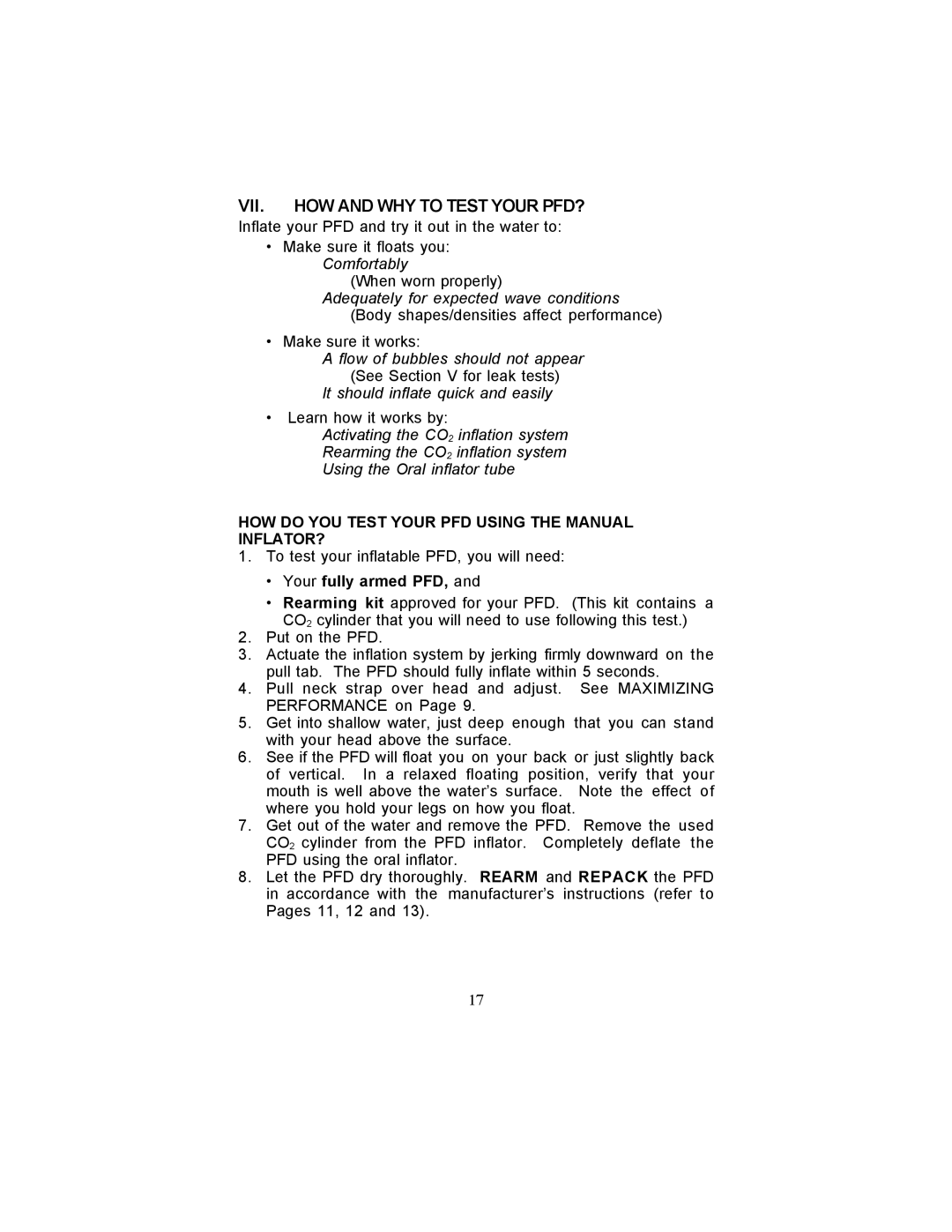 Stearns Recreational 0340 manual VII. HOW and WHY to Test Your PFD?, HOW do YOU Test Your PFD Using the Manual INFLATOR? 