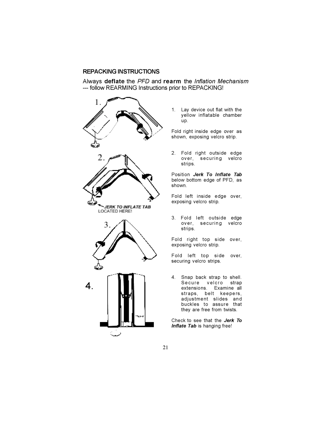 Stearns Recreational 1341, 1339 manual Repacking Instructions, Always deflate the PFD and rearm the Inflation Mechanism 