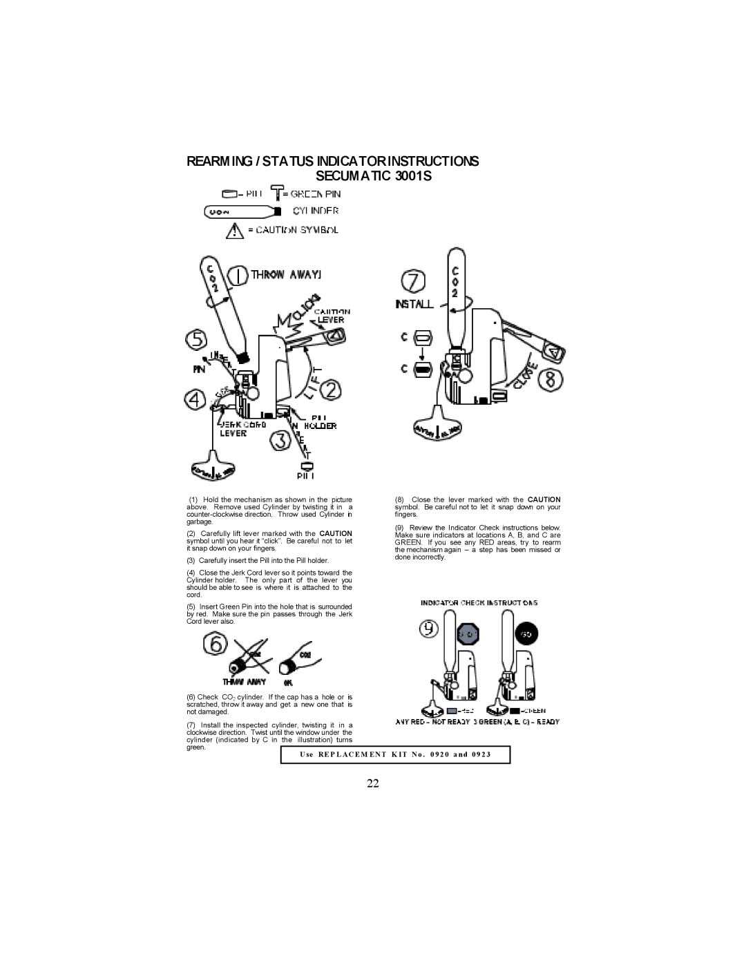 Stearns Recreational 1339, 1341 manual Rearming / Status Indicatorinstructions Secumatic 3001S 