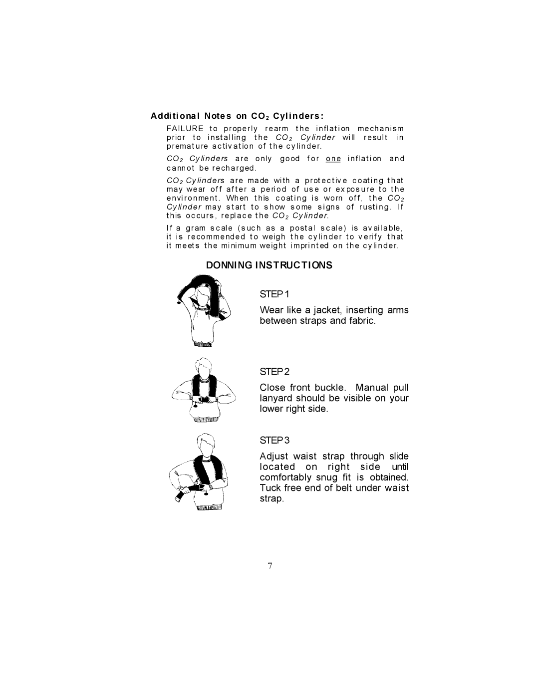 Stearns Recreational 1341, 1339 manual Donning Instructions, Additional Notes on CO 2 Cylinders 