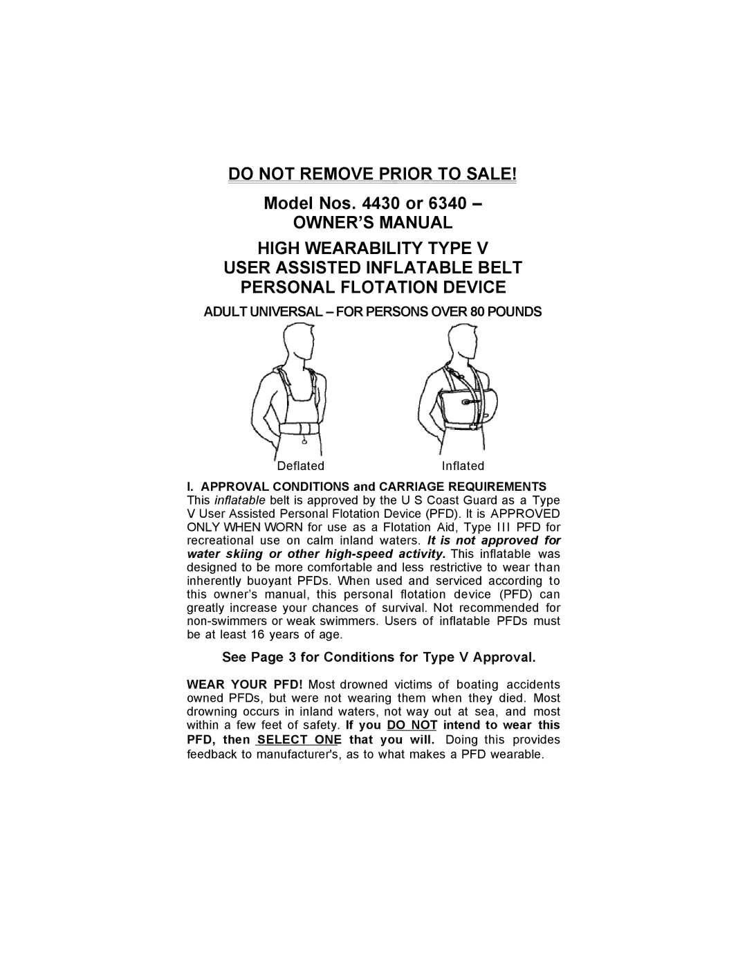 Stearns Recreational 4430 manual Adult Universal for Persons Over 80 Pounds, See Page 3 for Conditions for Type V Approval 