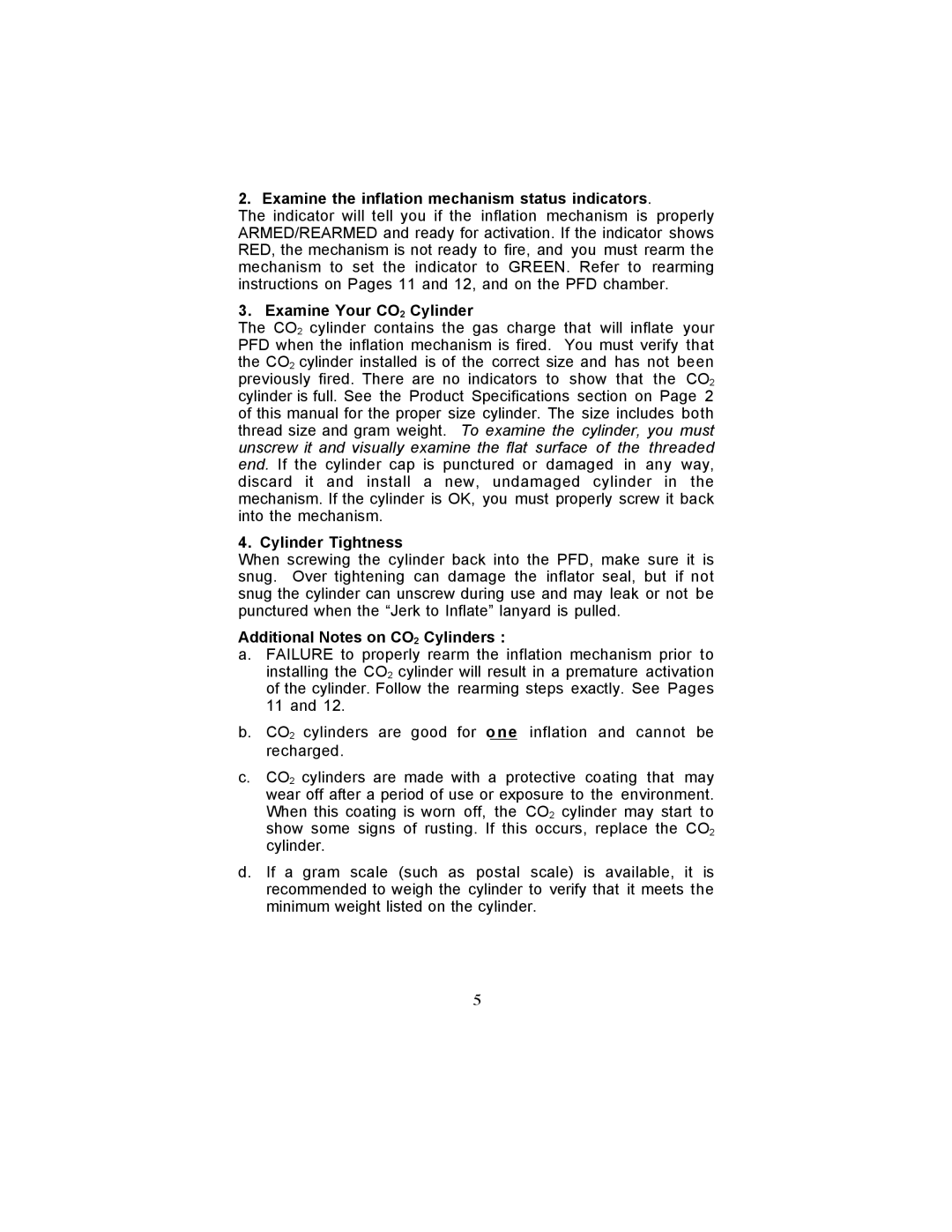 Stearns Recreational 4430 Examine the inflation mechanism status indicators, Examine Your CO2 Cylinder, Cylinder Tightness 