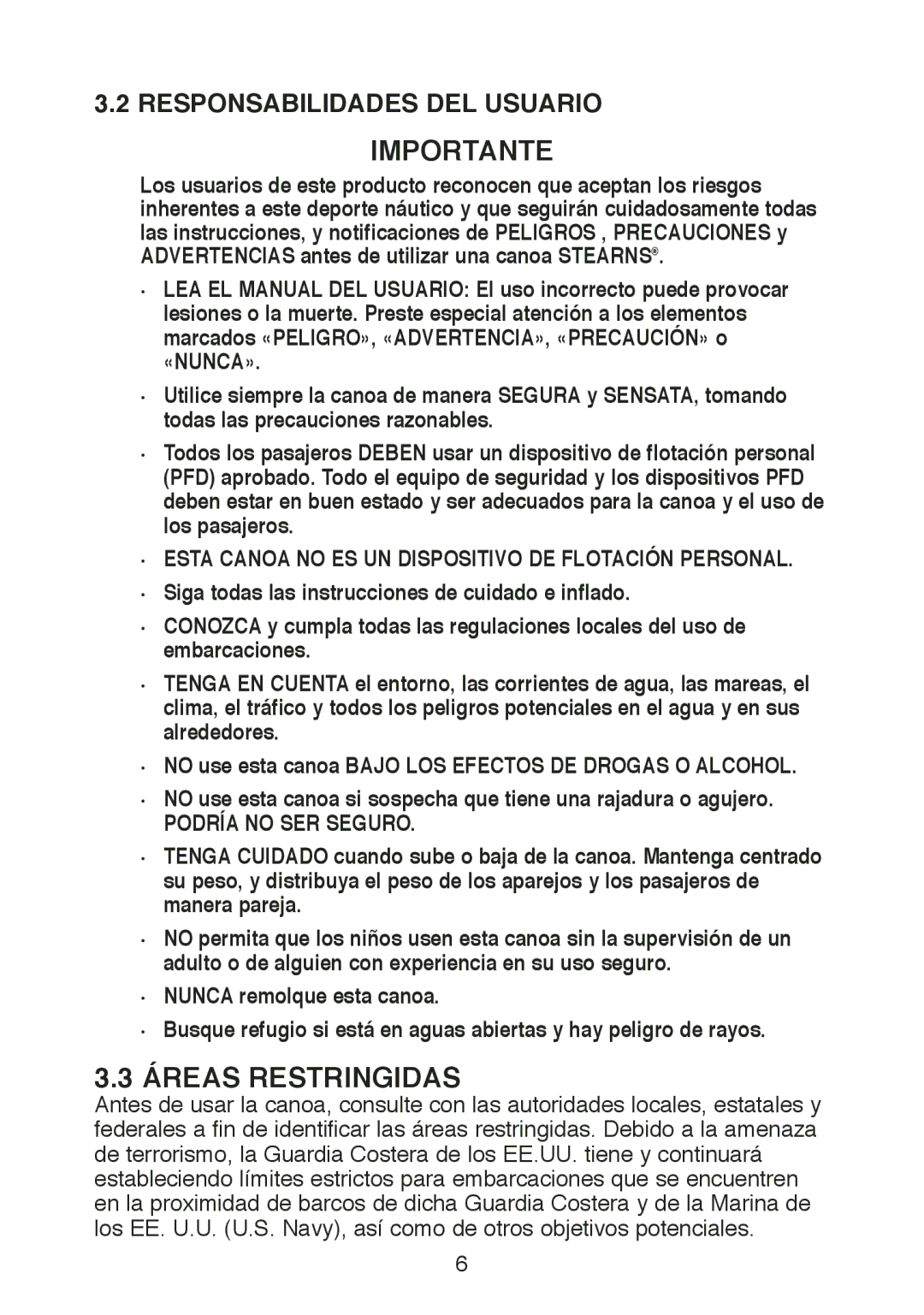 Stearns Recreational B801 Green Red Importante, Áreas Restringidas, Responsabilidades DEL Usuario, Podría no SER Seguro 