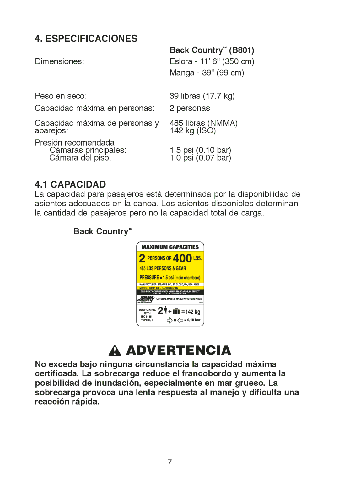 Stearns Recreational B801 Green Red manual Especificaciones, Capacidad 