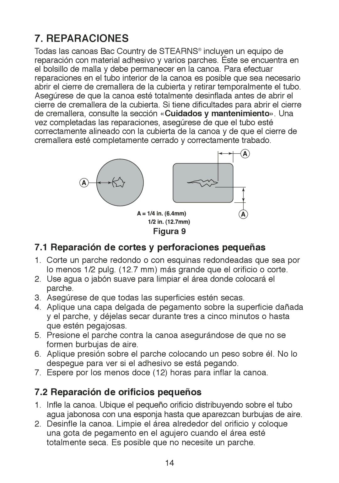 Stearns Recreational B801 Green Red manual Reparaciones, Reparación de cortes y perforaciones pequeñas 