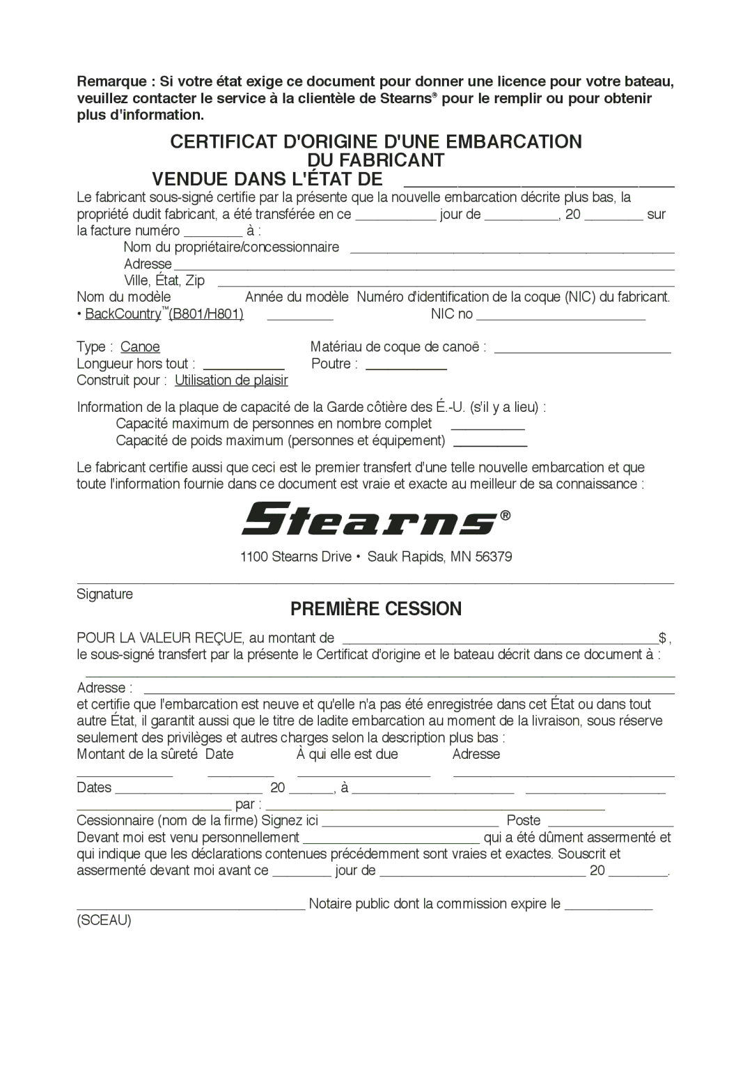 Stearns Recreational B801 Green Red manual Certificat Dorigine Dune Embarcation DU Fabricant, Première Cession 