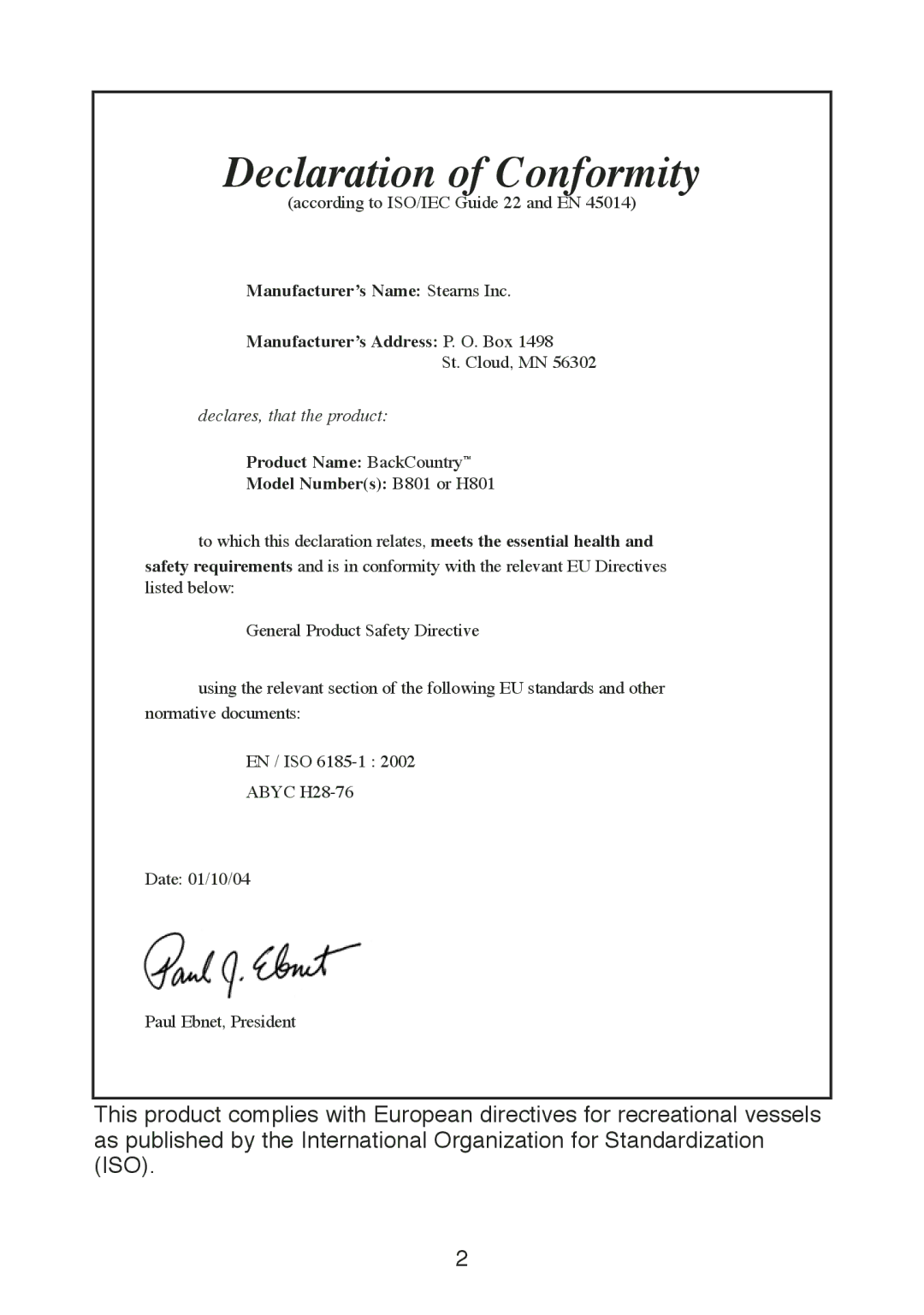 Stearns Recreational B801 Green Red manual Declaration of Conformity 