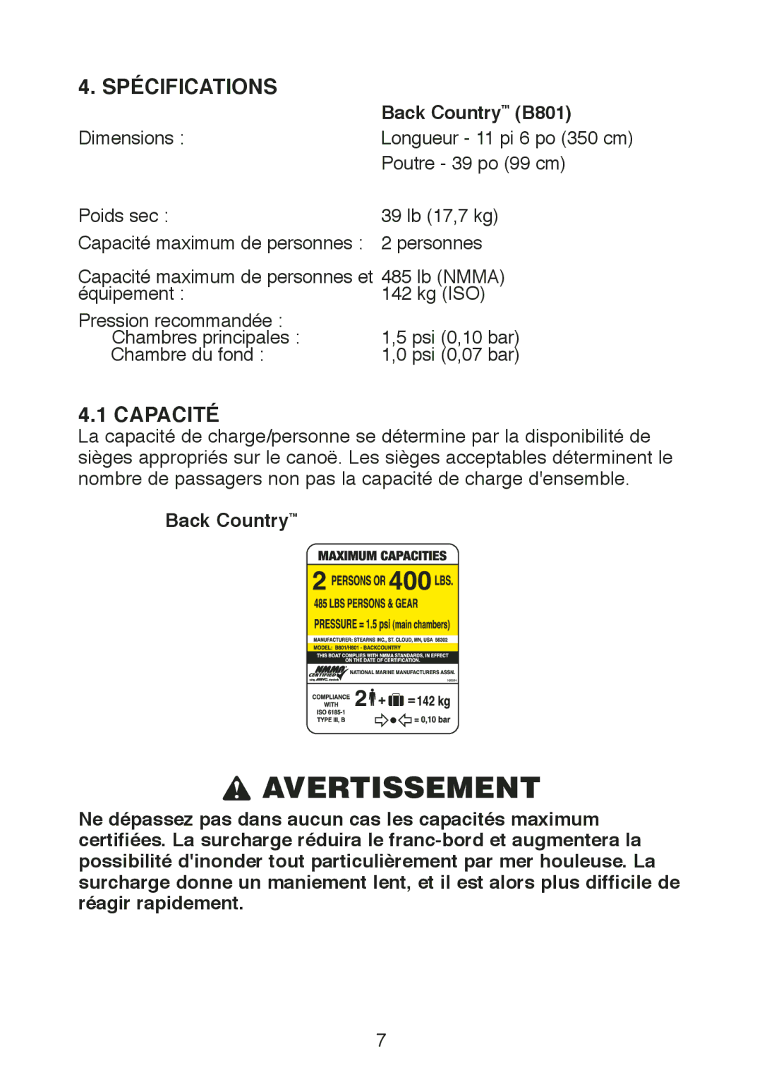 Stearns Recreational B801 Green Red manual Spécifications, Capacité 