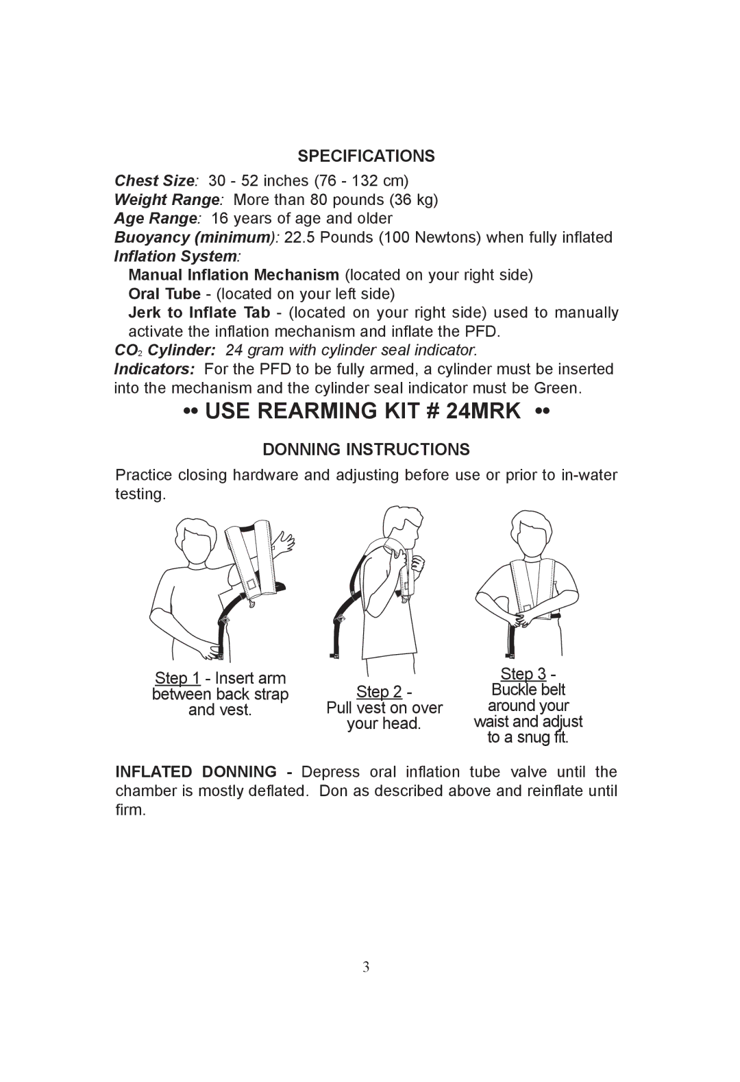 Stearns Safety & Survival 24MSPT-1 manual Specifications, Donning Instructions 