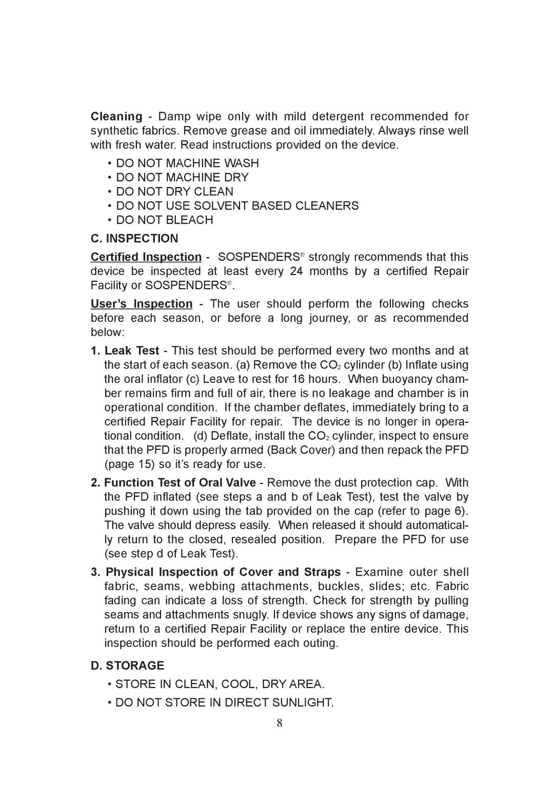 Stearns Safety & Survival 24MSPT-1 manual Inspection, Storage 