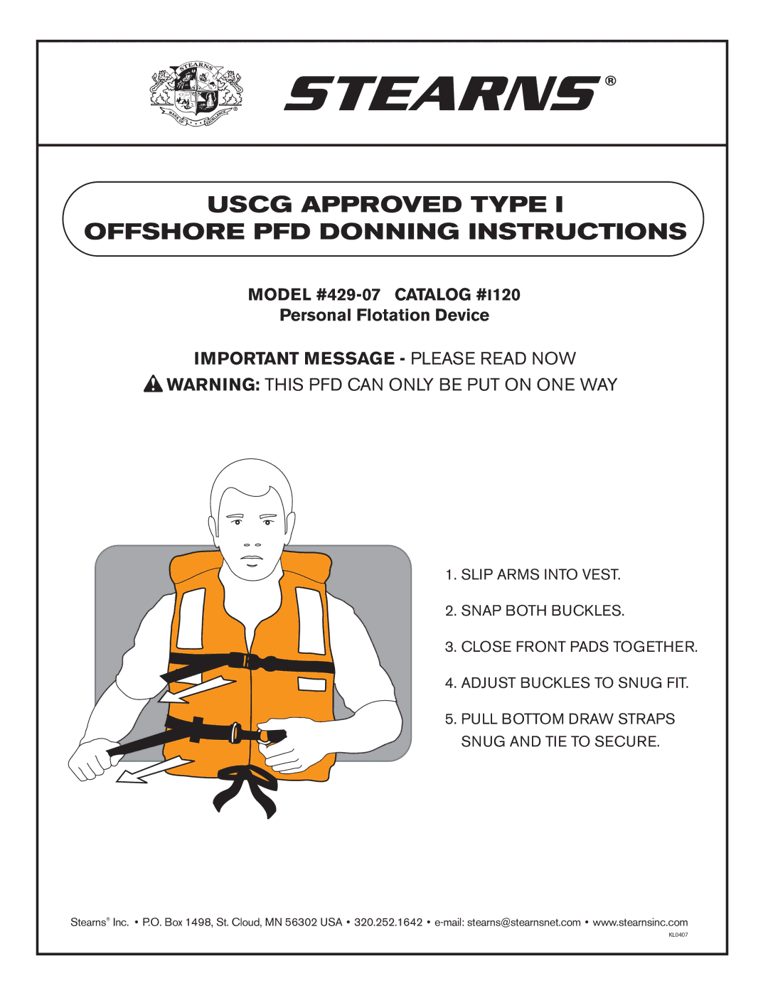 Stearns Safety & Survival 429-07 manual Uscg Approved Type Offshore PFD Donning Instructions 