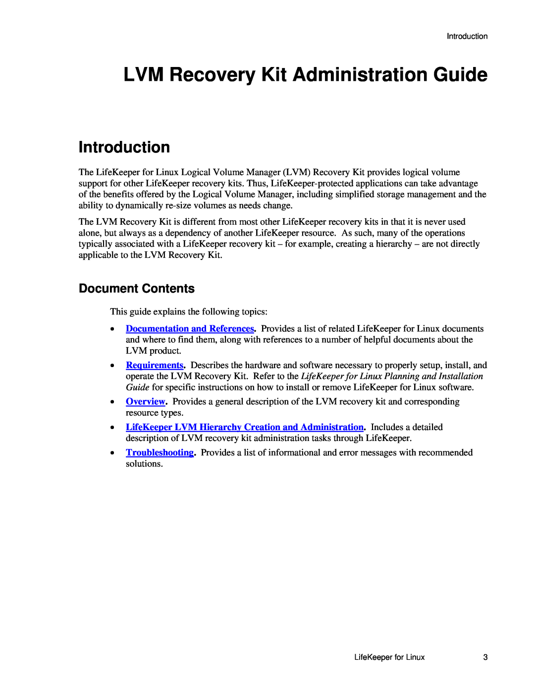SteelEye 4.5.0 manual Introduction, Document Contents, LVM Recovery Kit Administration Guide 
