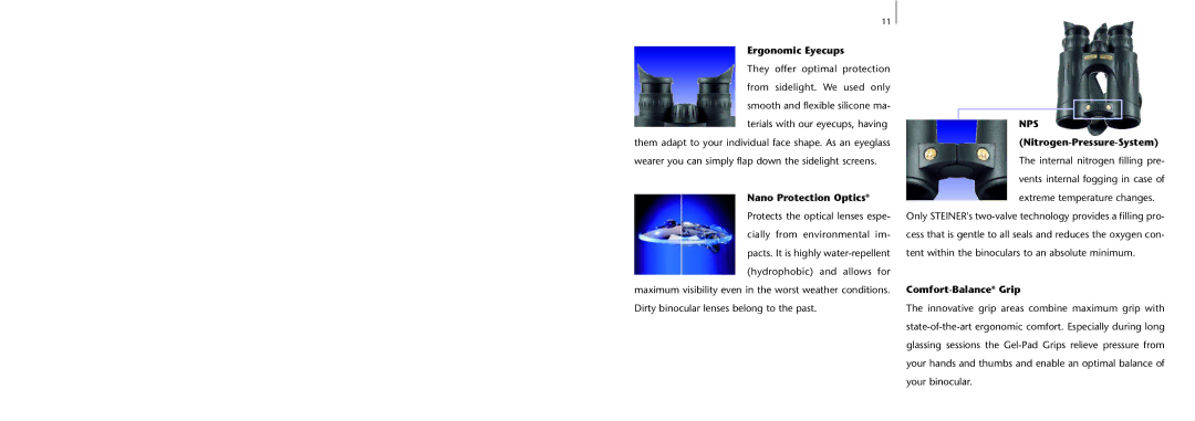 Steiner Optik XP manual Ergonomic Eyecups, Nano Protection Optics, Nps, Nitrogen-Pressure-System, Comfort-BalanceGrip 