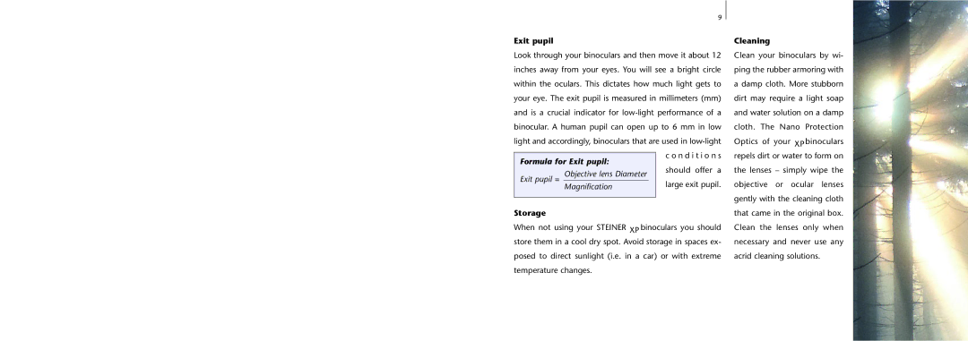 Steiner Optik XP manual Exit pupil, Storage, Cleaning 