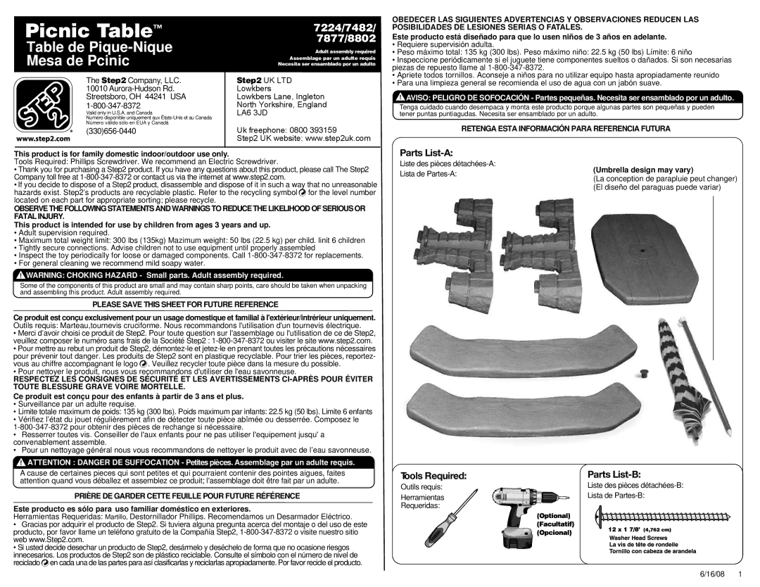 Step 2 7877, 8802, 7482 manual Parts List-A, Tools Required Parts List-B, Retenga Esta Información Para Referencia Futura 