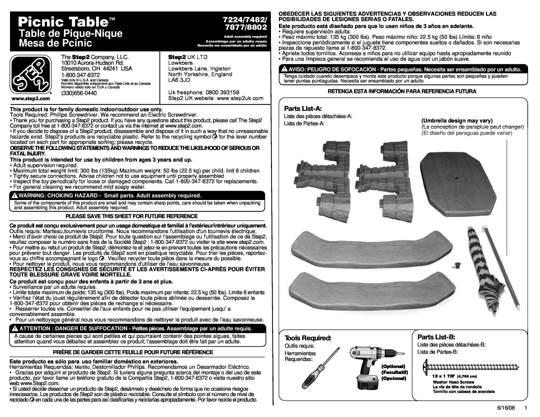 Step 2 manual Picnic Table, Table de Pique-NiqueMesa de Pcinic, 7224/7482 7877/8802, Parts List-A, Tools Required 