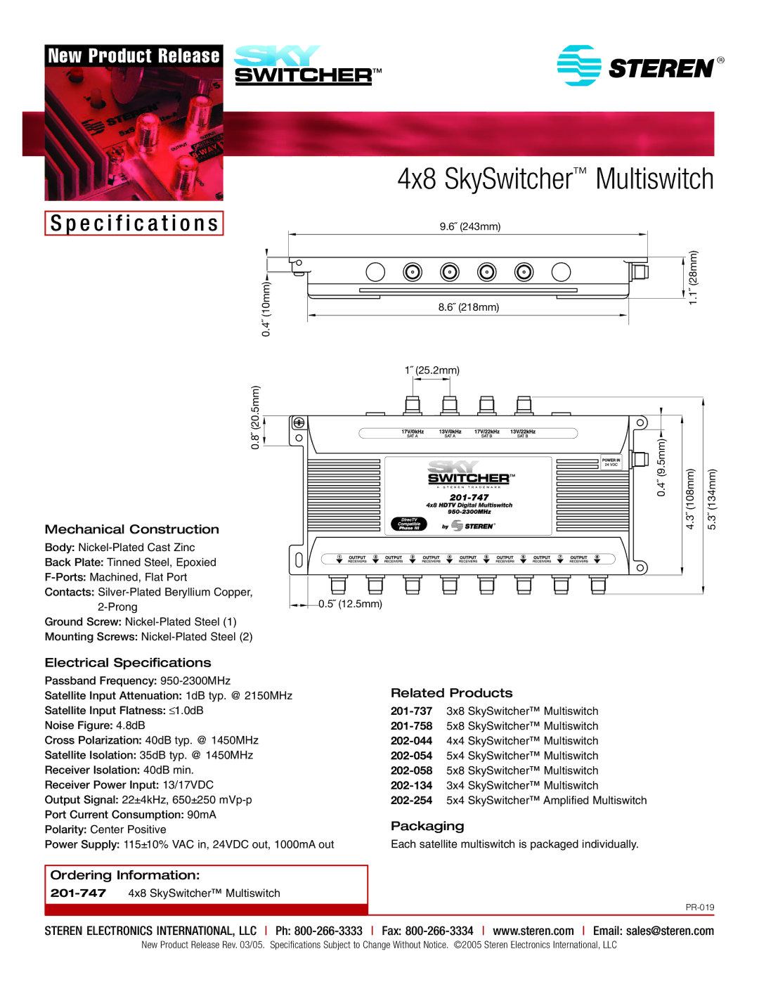 Steren 201-747 Mechanical Construction, Electrical Specifications, Ordering Information, Related Products, Packaging 