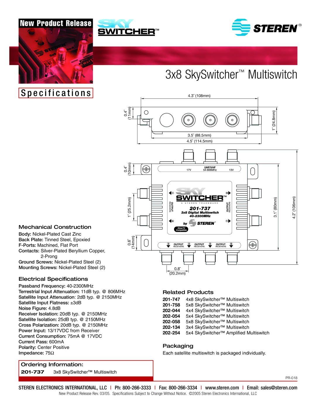 Steren 201737 Mechanical Construction, Electrical Specifications, Ordering Information, Related Products, Packaging 