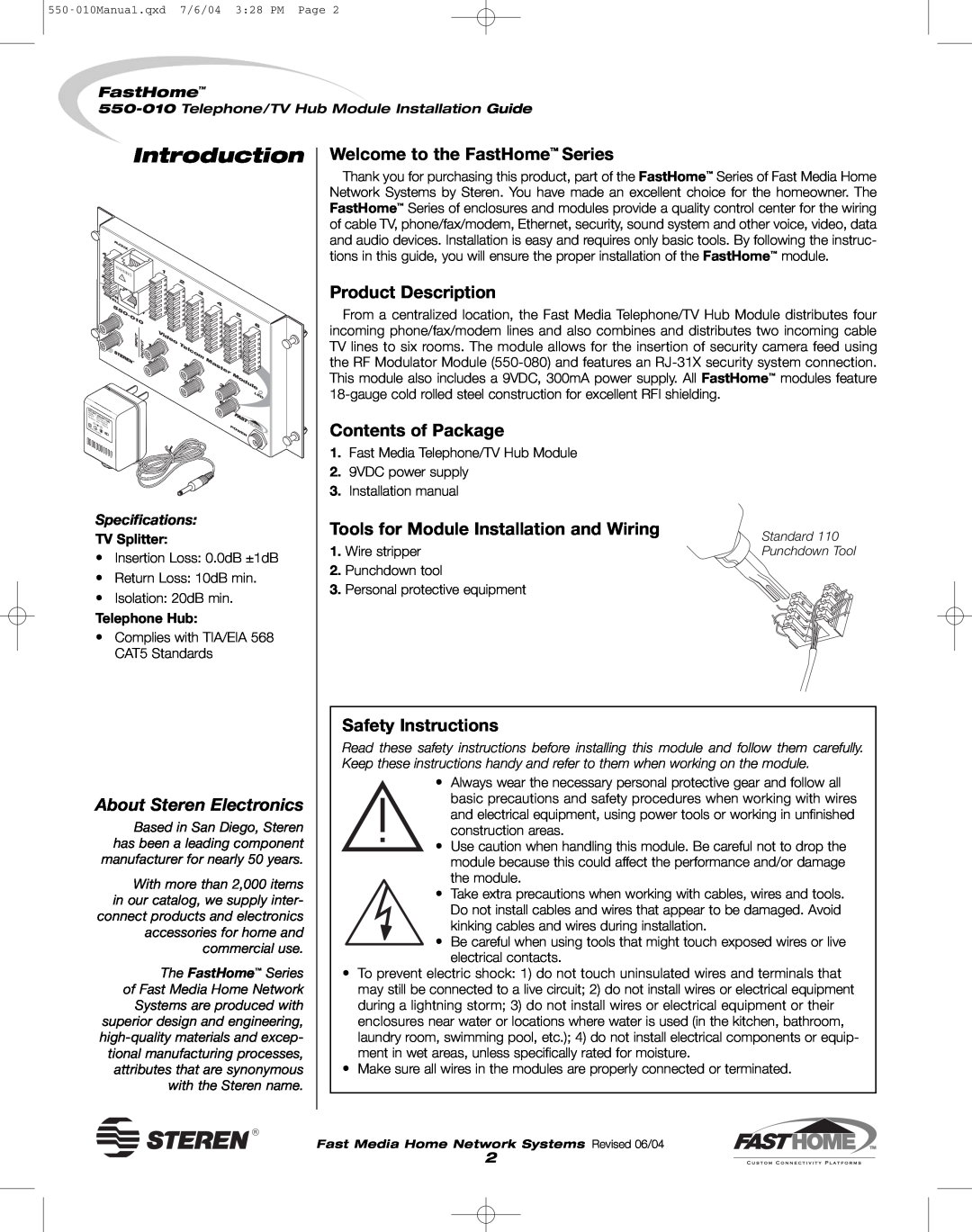 Steren 550-010 Introduction, Welcome to the FastHome Series, Product Description, Contents of Package, Safety Instructions 