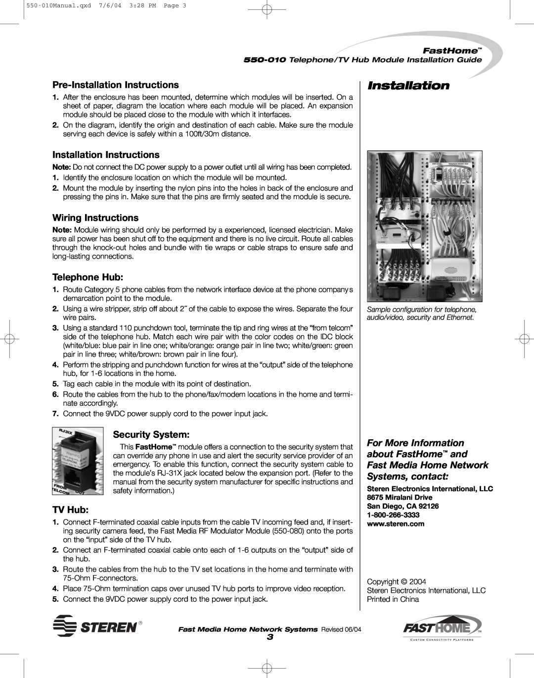 Steren 550-010 Pre-Installation Instructions, Wiring Instructions, Telephone Hub, Security System, TV Hub, FastHome 