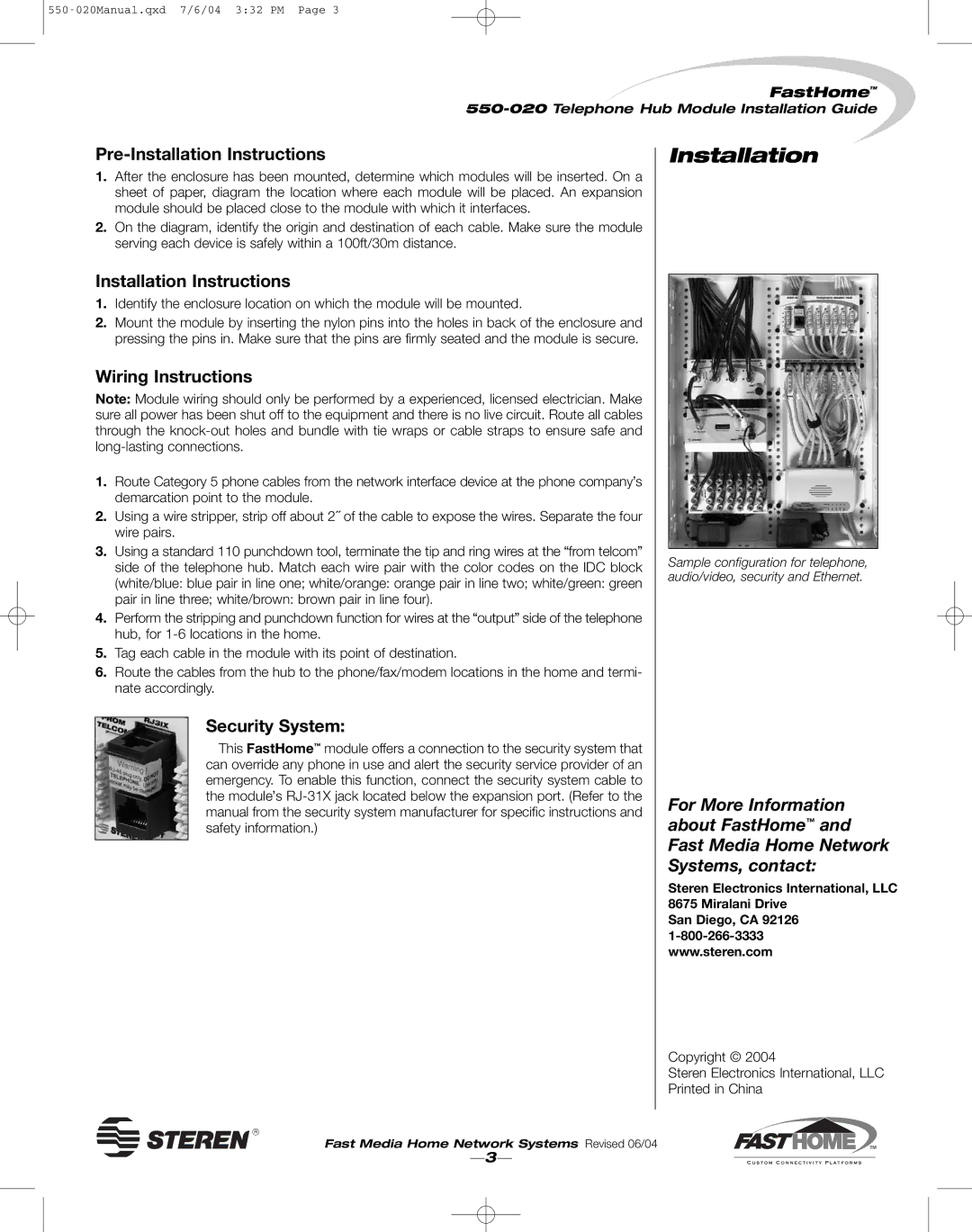 Steren 550-020 manual Pre-Installation Instructions, Wiring Instructions, Security System 