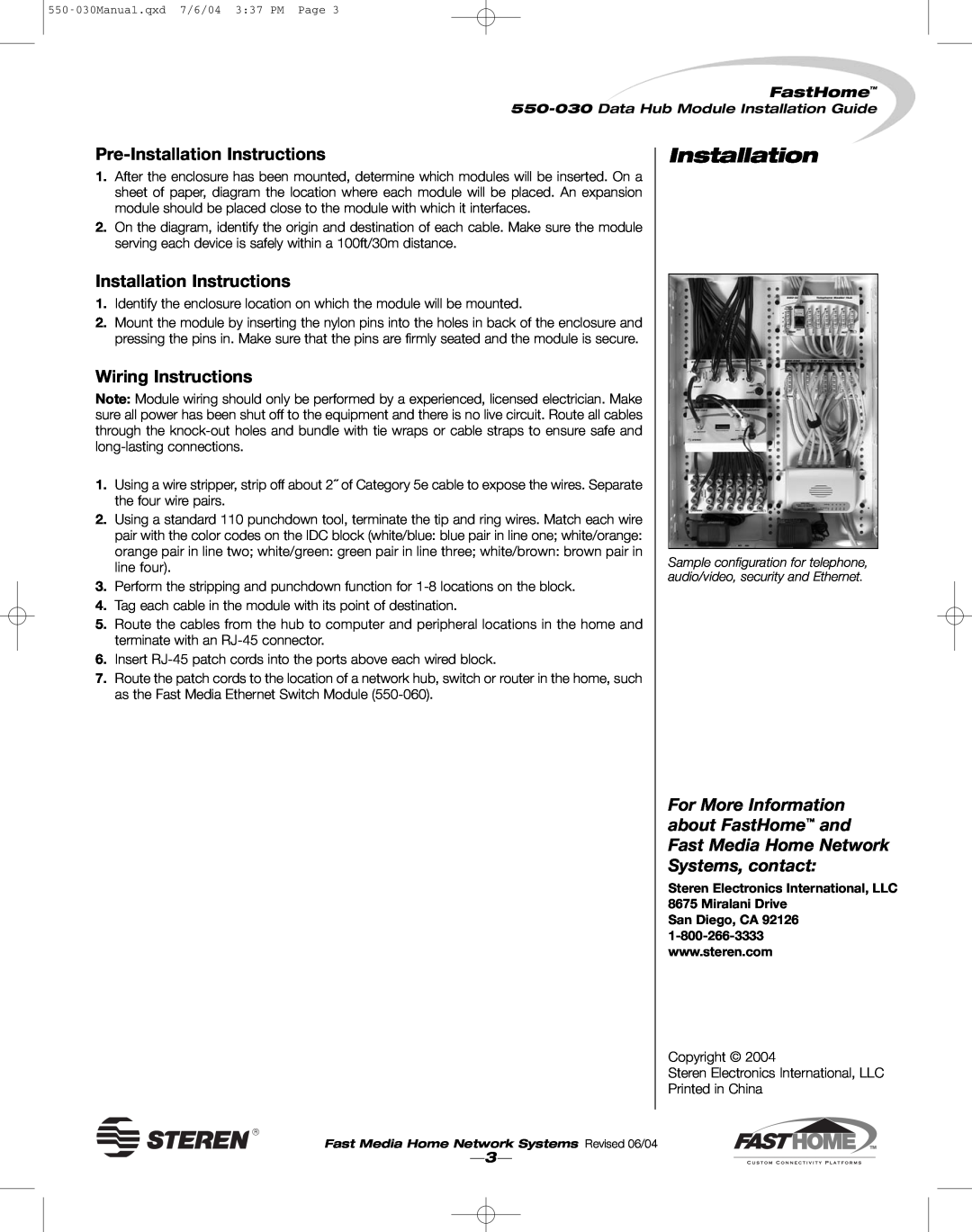 Steren 550-030 manual Pre-Installation Instructions, Wiring Instructions, FastHome 