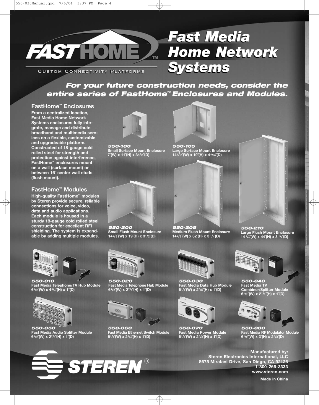 Steren 550-030 manual Fast Media Home Network Systems, FastHome Enclosures, FastHome Modules, Large Surface Mount Enclosure 