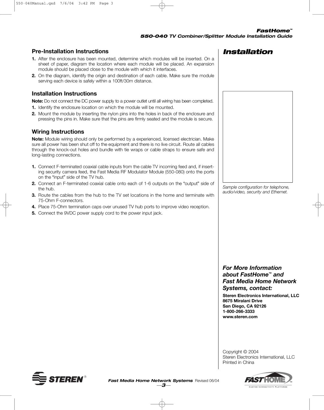 Steren 550-040 manual Pre-Installation Instructions, Wiring Instructions 