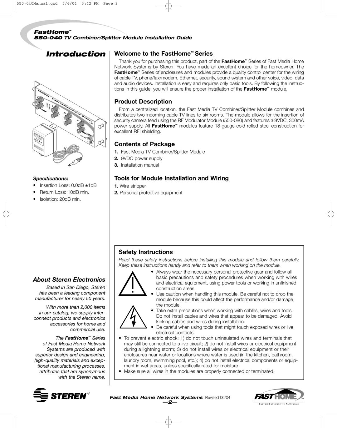 Steren 550-040 Introduction, Welcome to the FastHome Series, Product Description, Contents of Package, Safety Instructions 