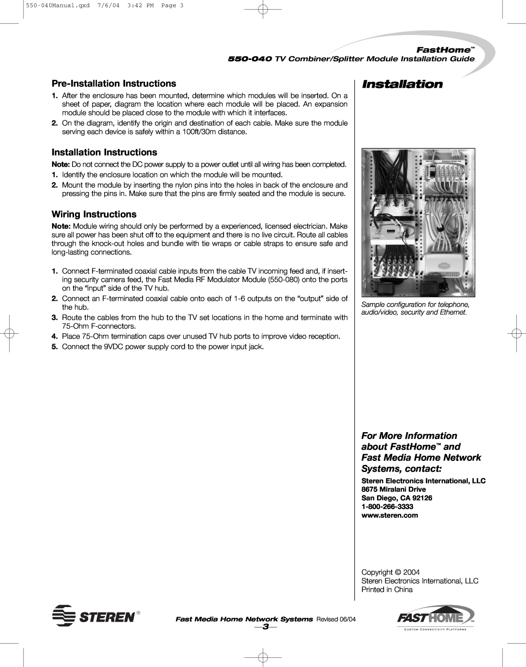 Steren 550-040 manual Pre-InstallationInstructions, Installation Instructions, Wiring Instructions, FastHome 