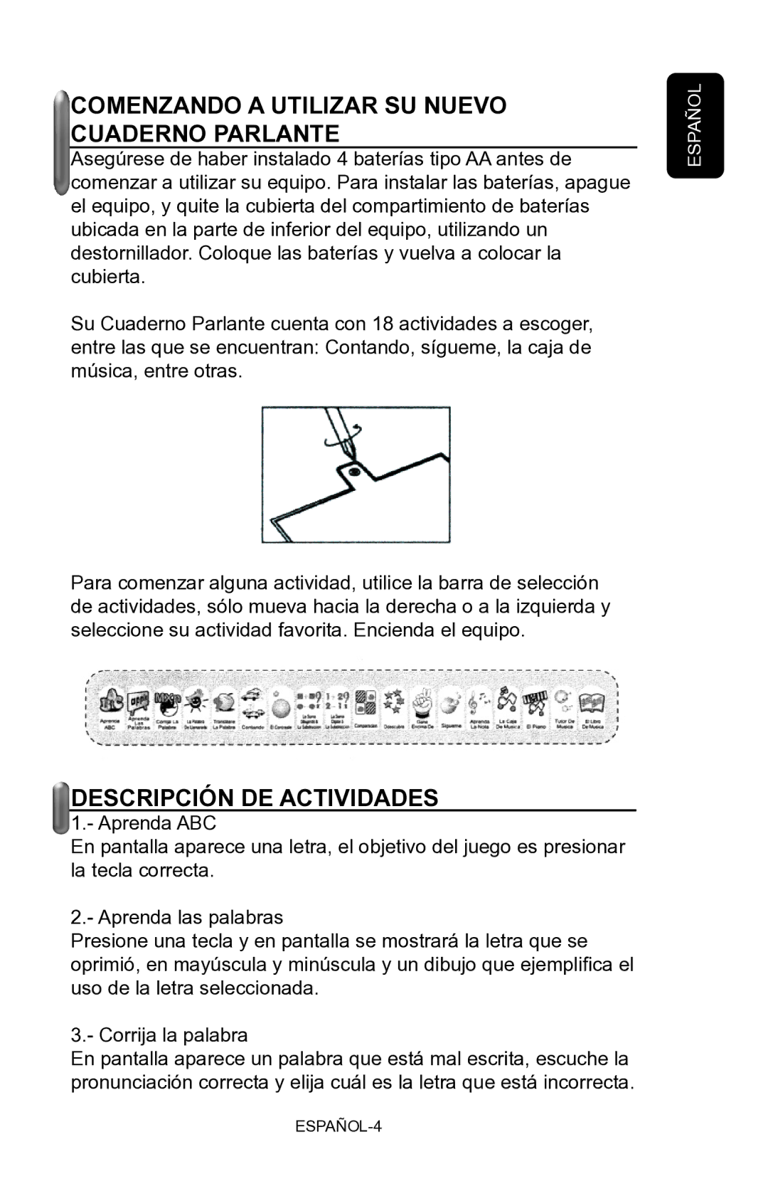 Steren Talking Notebook manual Comenzando a Utilizar SU Nuevo Cuaderno Parlante, Descripción DE Actividades 