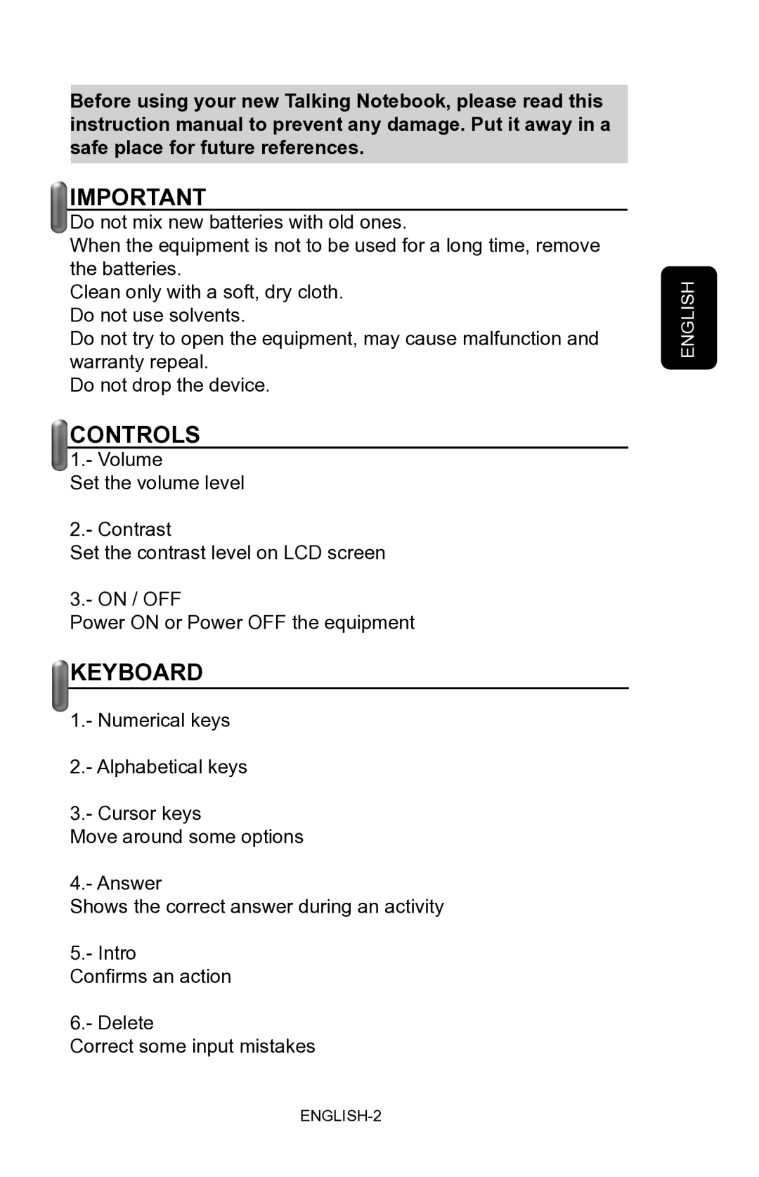 Steren Talking Notebook manual Controls, Keyboard 