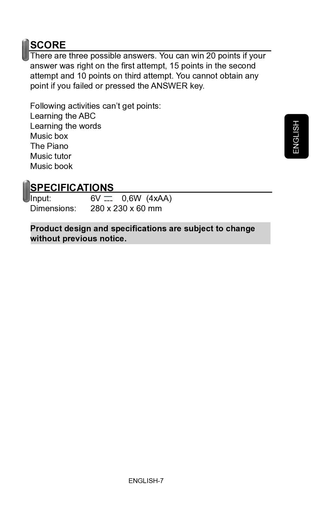 Steren Talking Notebook manual Score, Specifications 