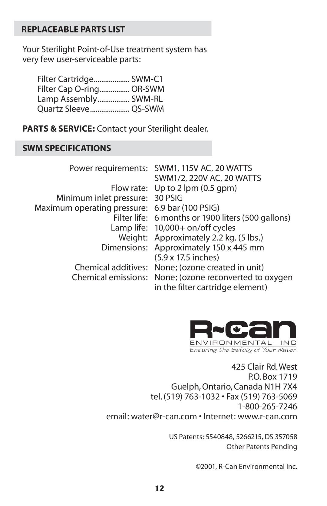 Sterilite Point-of-Use Drinking Water System owner manual Replaceable Parts List, SWM Specifications 