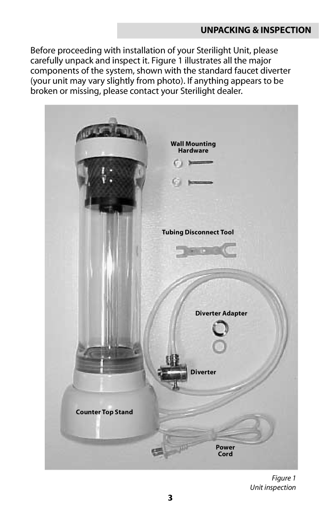 Sterilite Point-of-Use Drinking Water System owner manual Unpacking & Inspection 