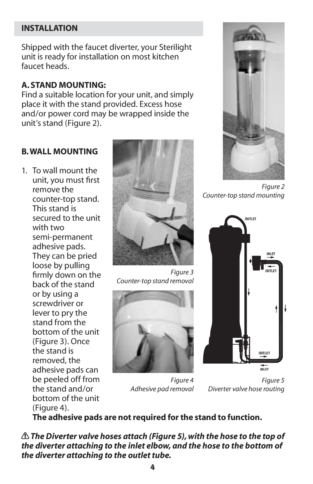 Sterilite Point-of-Use Drinking Water System owner manual Installation, Stand Mounting, Wall Mounting 