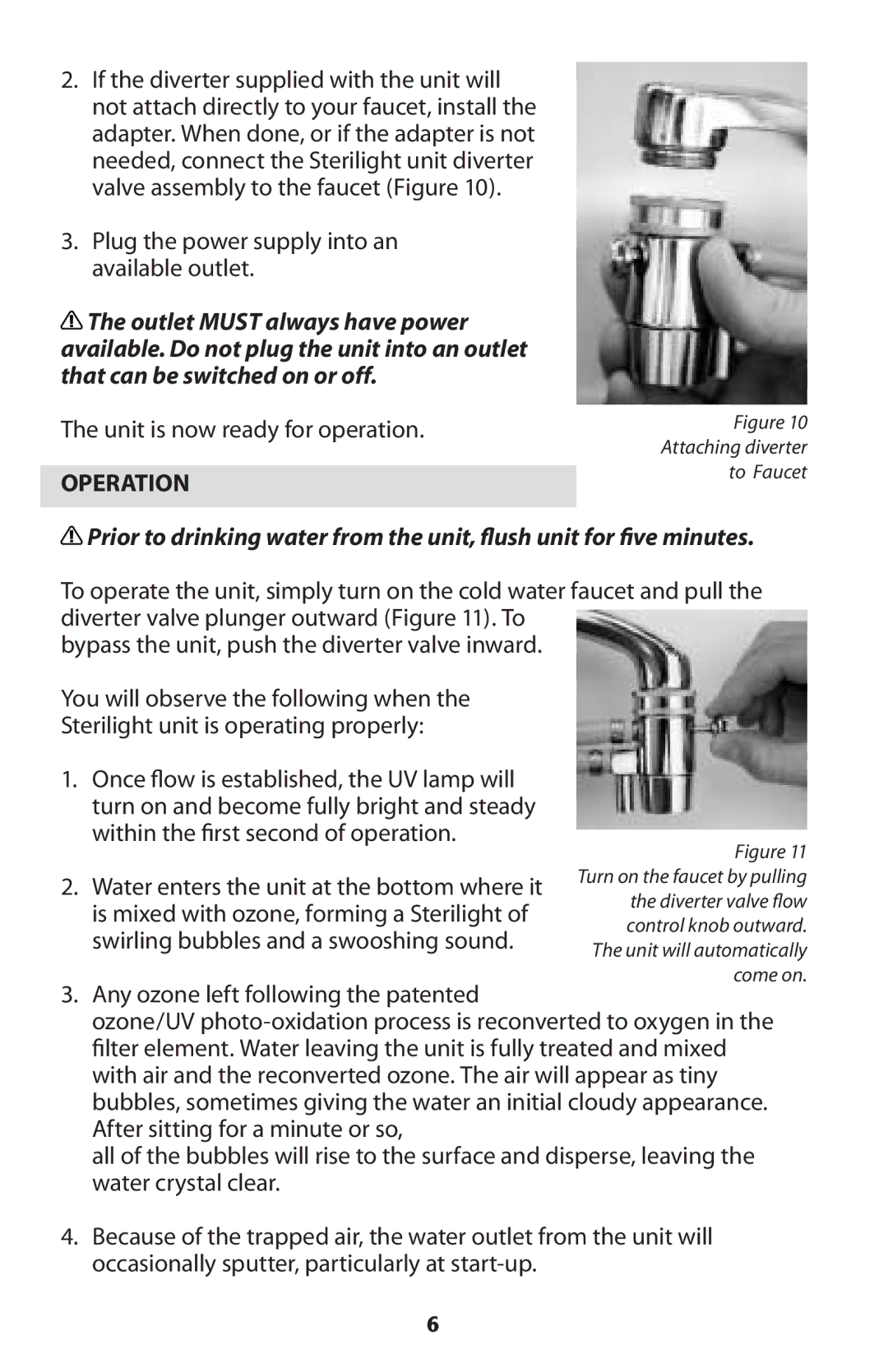 Sterilite Point-of-Use Drinking Water System owner manual Operation, Attaching diverter to Faucet 