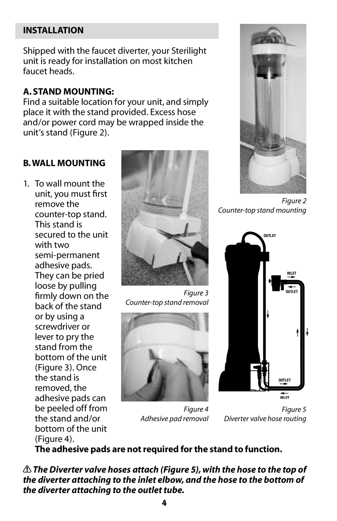 Sterilite Point-of-Use Drinking Water System owner manual Installation, A. Stand Mounting, B. Wall Mounting 