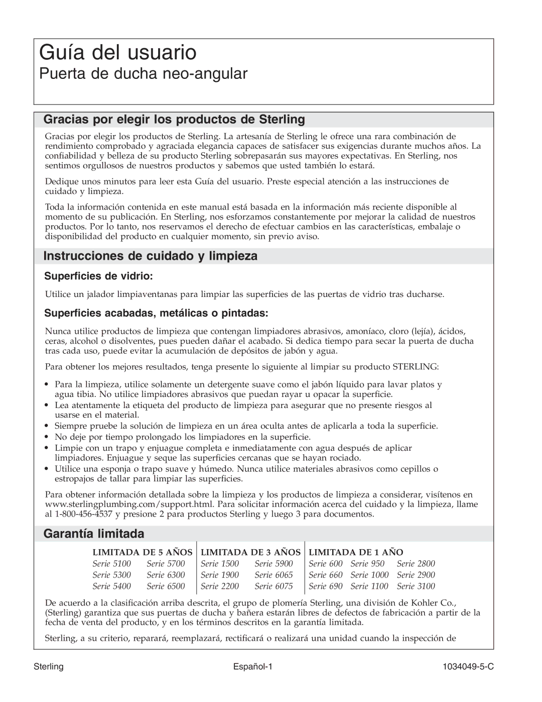 Sterilite SP1900A Gracias por elegir los productos de Sterling, Instrucciones de cuidado y limpieza, Garantía limitada 