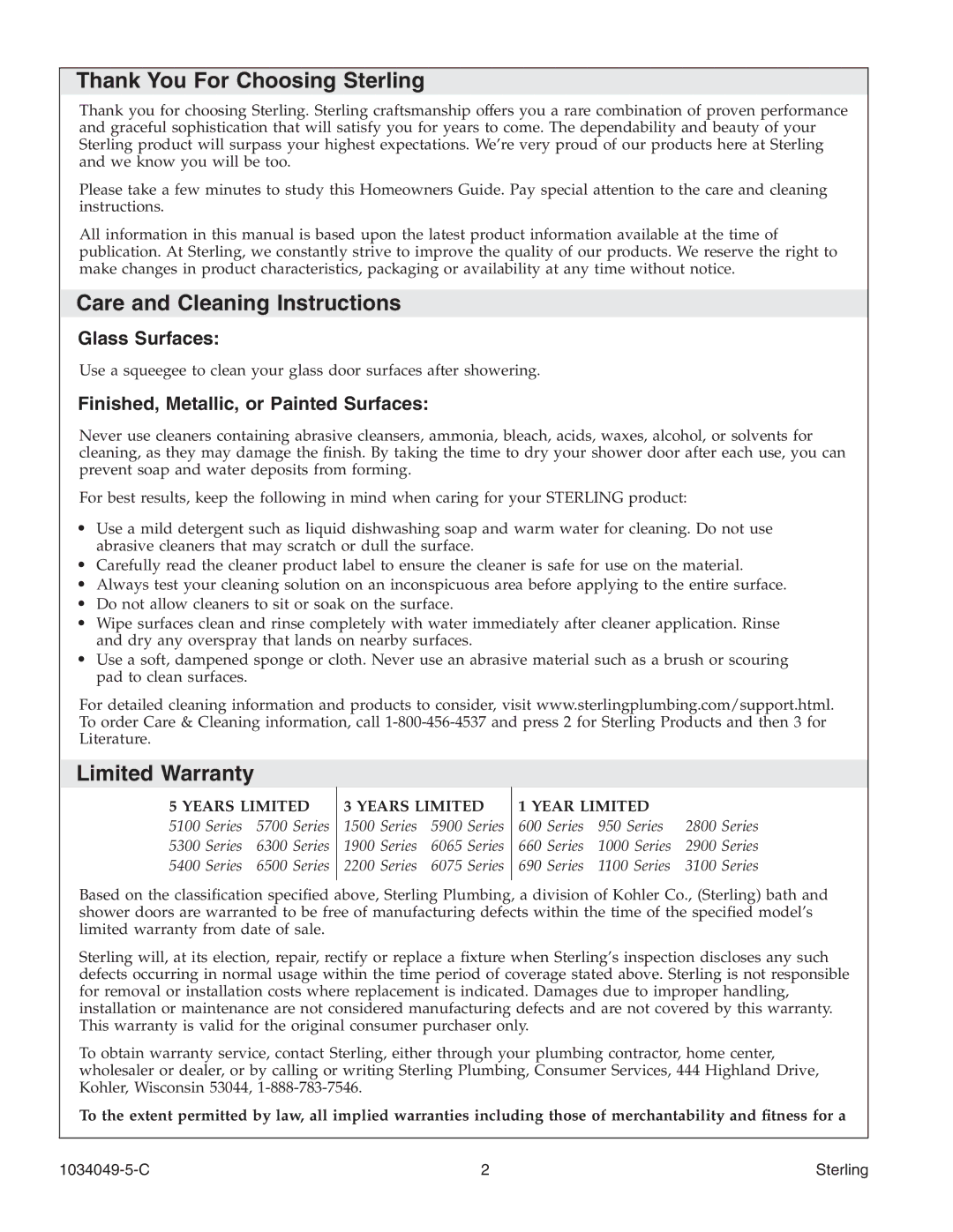 Sterilite SP1900A manual Thank You For Choosing Sterling, Care and Cleaning Instructions, Limited Warranty, C Sterling 