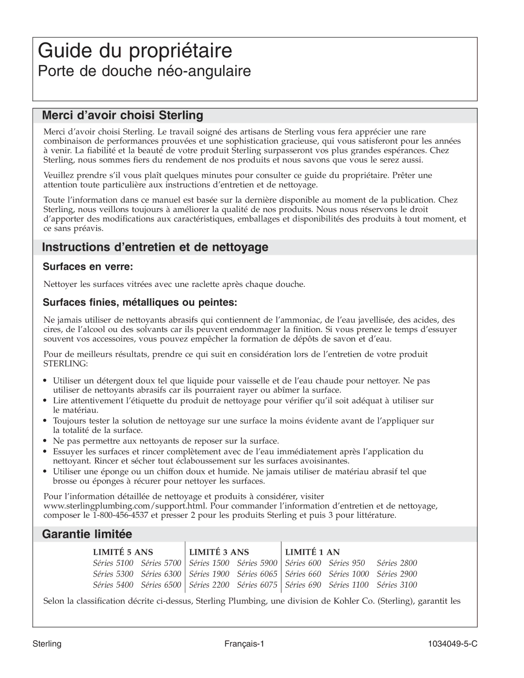 Sterilite SP1900A manual Merci d’avoir choisi Sterling, Instructions d’entretien et de nettoyage, Garantie limitée 