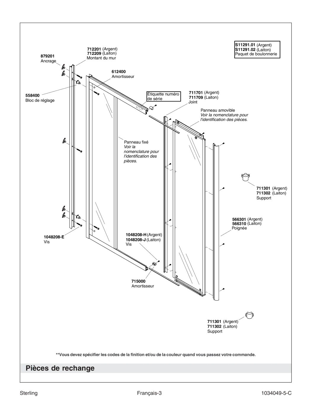 Sterilite SP1900A manual Pièces de rechange, Sterling Français-3 1034049-5-C 