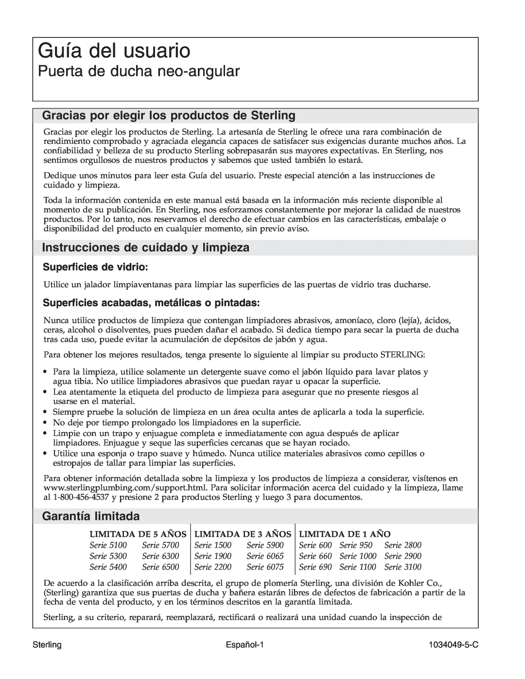 Sterilite SP1900A Guía del usuario, Puerta de ducha neo-angular, Gracias por elegir los productos de Sterling, Español-1 