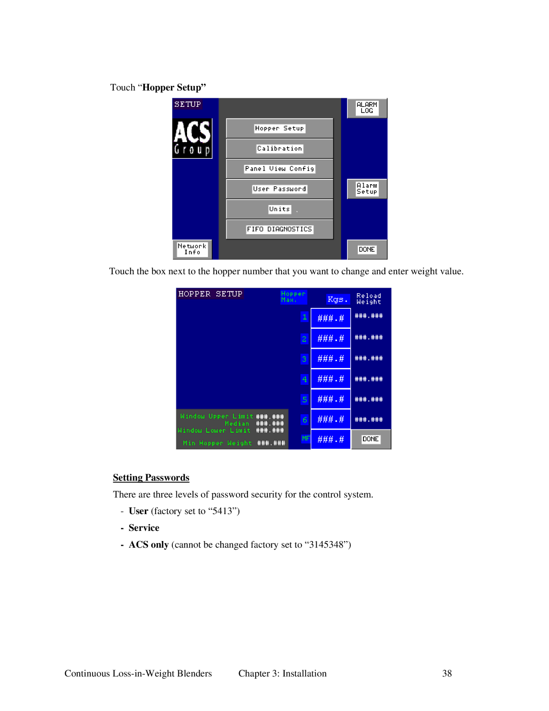 Sterling SLC 5/04, 100, 600, 015, 060 specifications Touch Hopper Setup, Setting Passwords, Service 