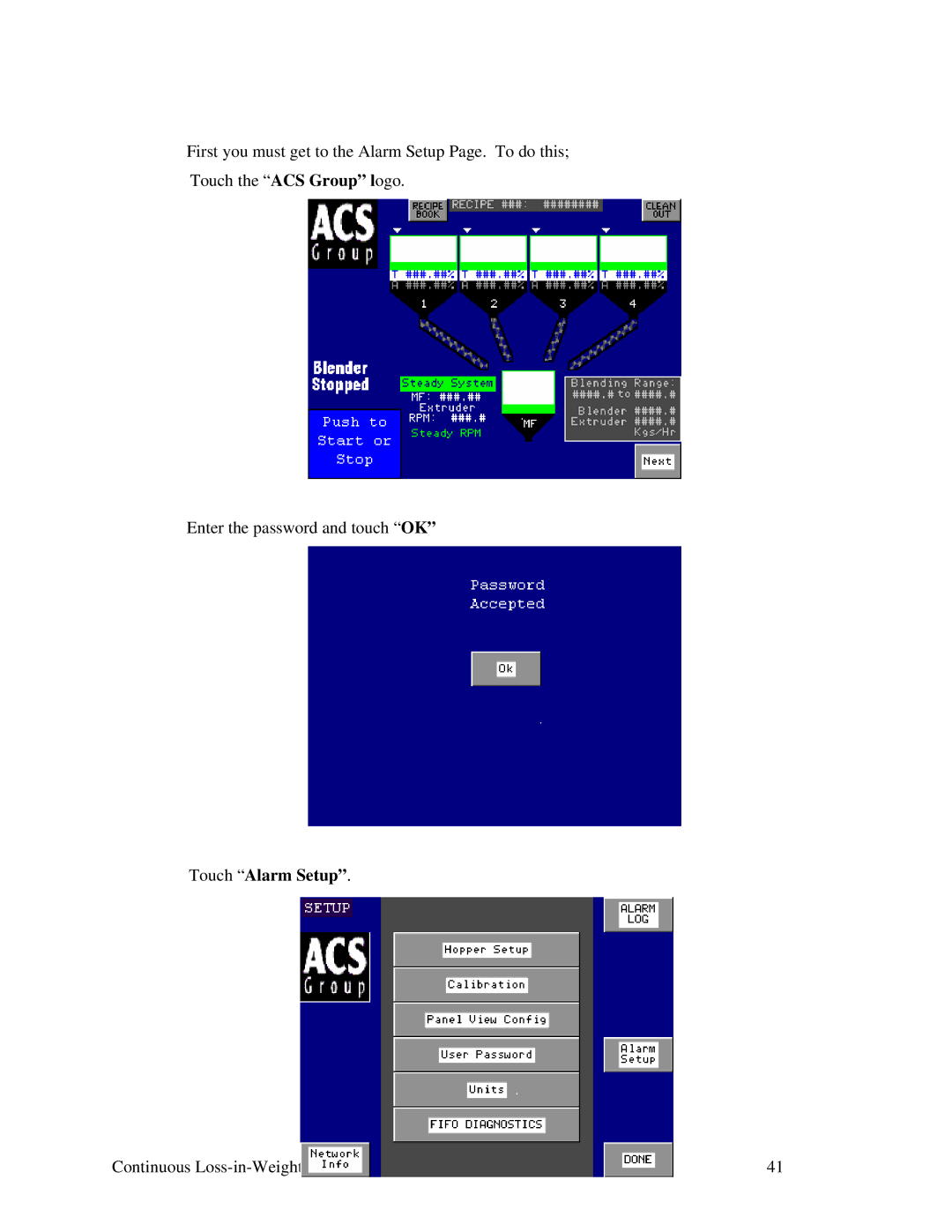 Sterling 600, 100, 015, SLC 5/04, 060 specifications Touch Alarm Setup 